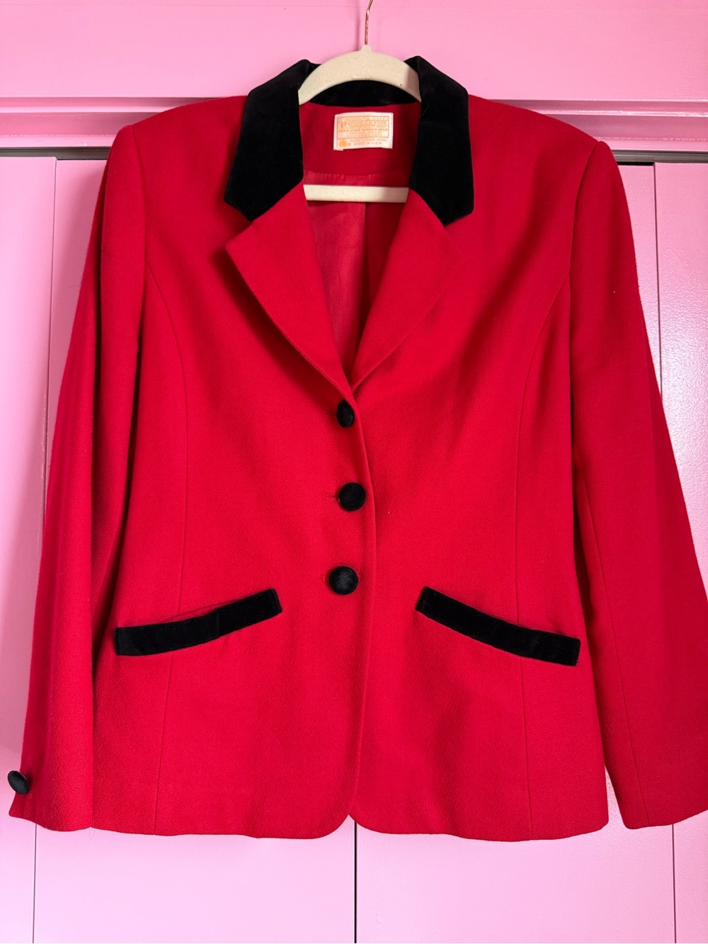 Vintage Pendleton Red Wool Blazer with Black Velvet Trim Size 8 Made in USA